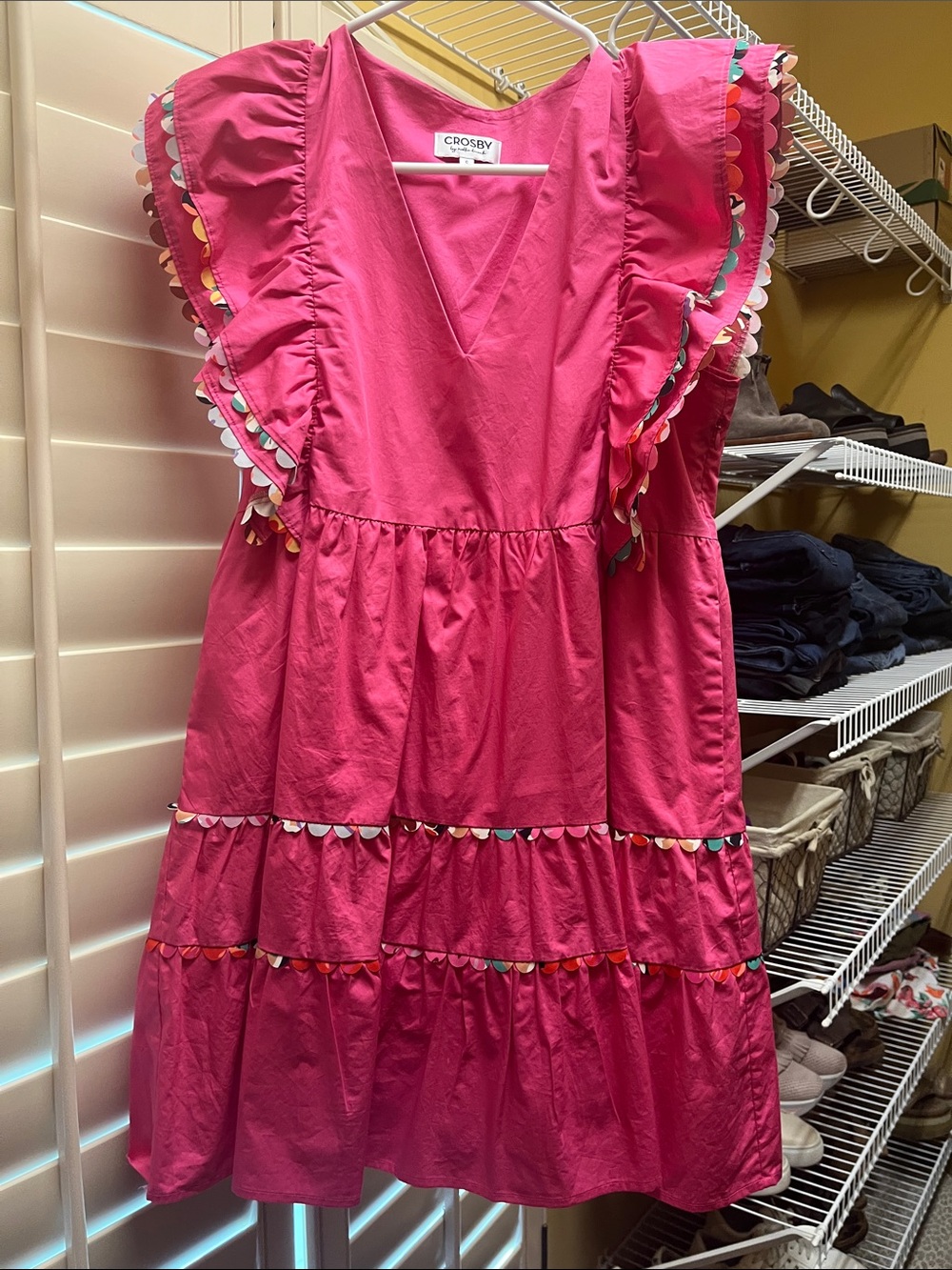 CROSBY by Mollie Burch Hot Pink Tiered Ruffle Dress with Multicolor Pom Trim